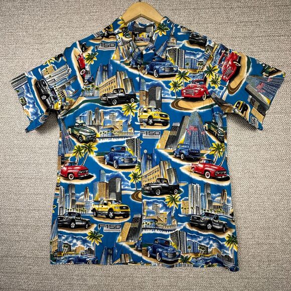 VTG Reyn‎ Spooner XL FORD Truck Hawaiian Shirt Cars Cityscape Carshow Collector - Picture 1 of 12